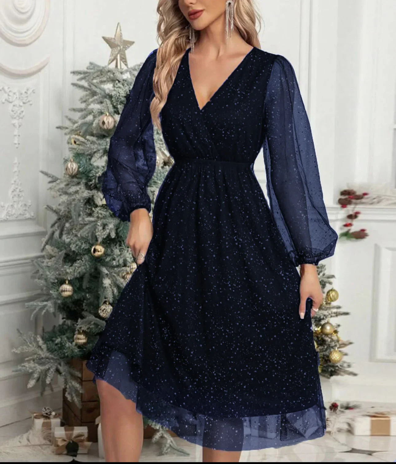 Claudia | Robe de soirée élégante avec une subtile brillance et des manches en mesh